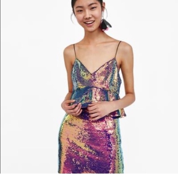 “Zara" gorgeous multi-colored sequined mini dress w/ spaghetti straps & peplum - Picture 2 of 16